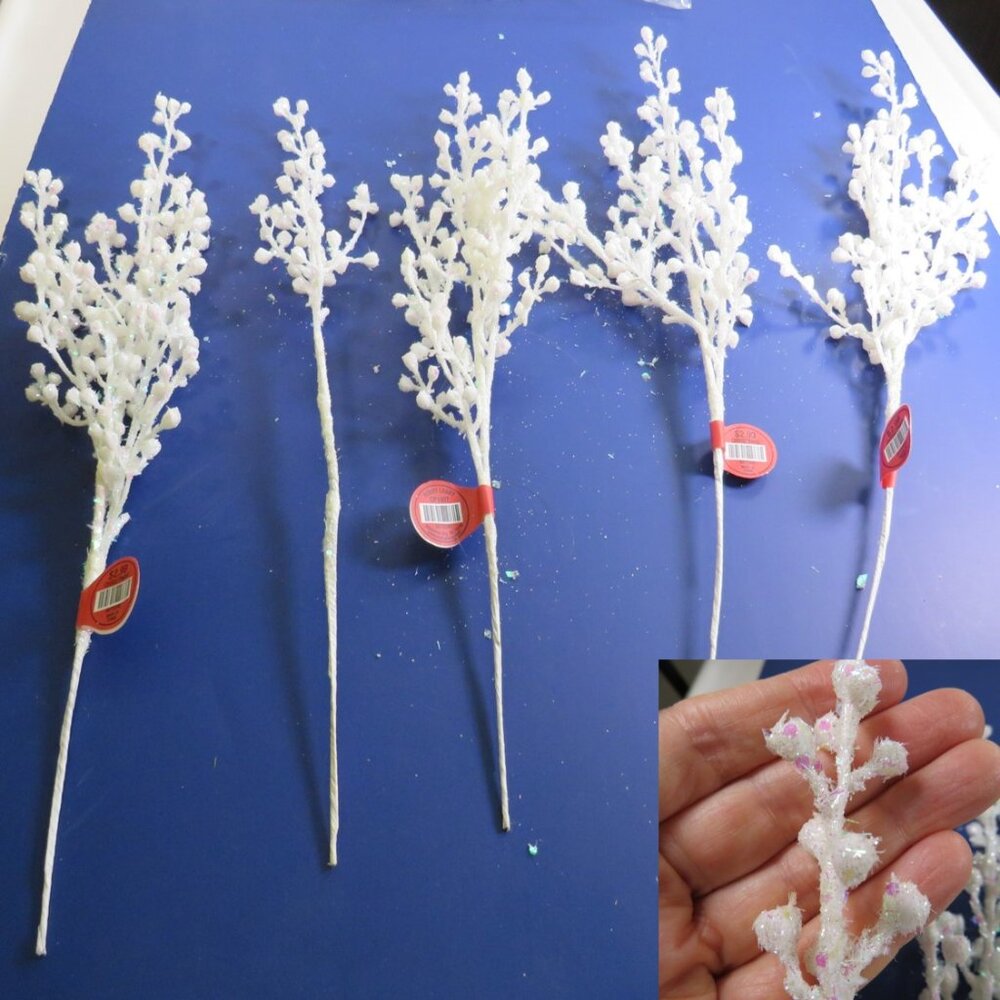 "snowy" White Flower Branches with Iridescent Glitter mixed in Floral Stems